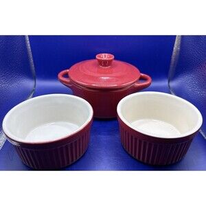 Crofton Mini Ceramic Casserole Dish w/Lid & Two Matching Ribbed Ramekins-Red Lot